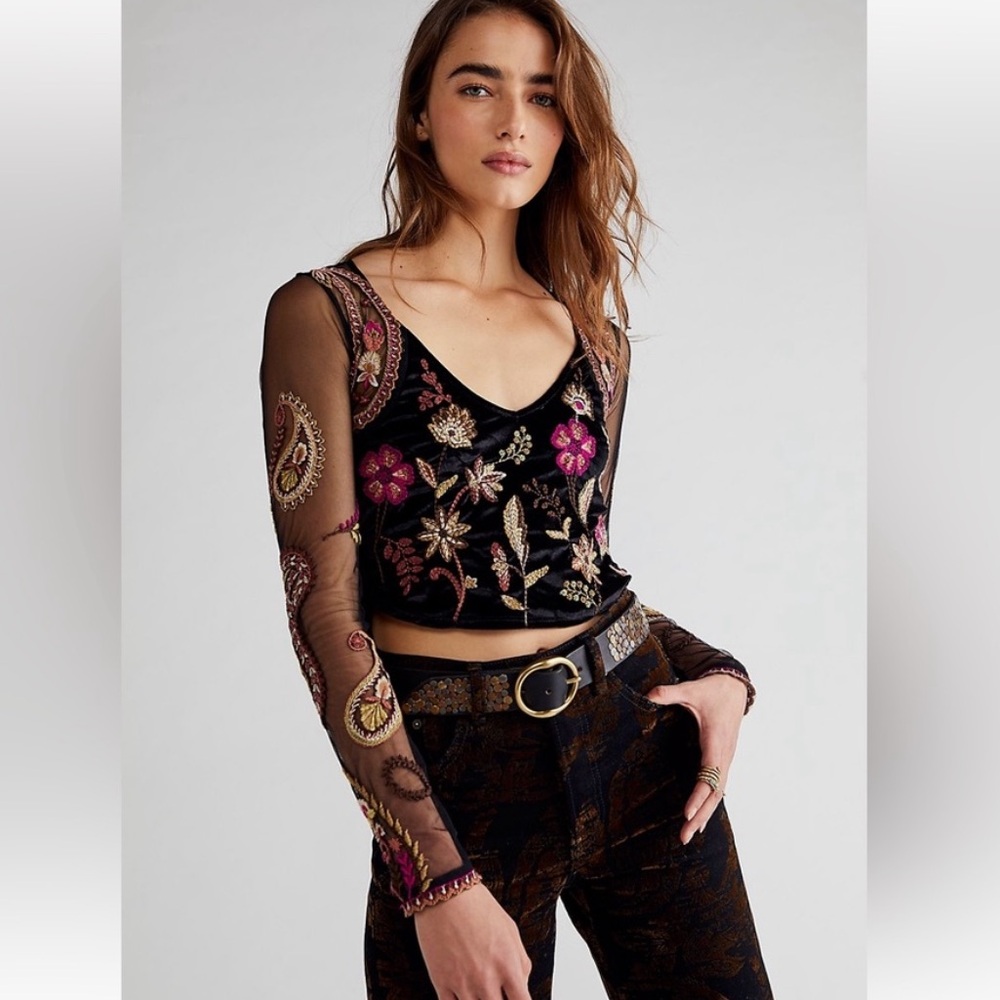 Free People Florence Embroidered Corset Mesh Top Large